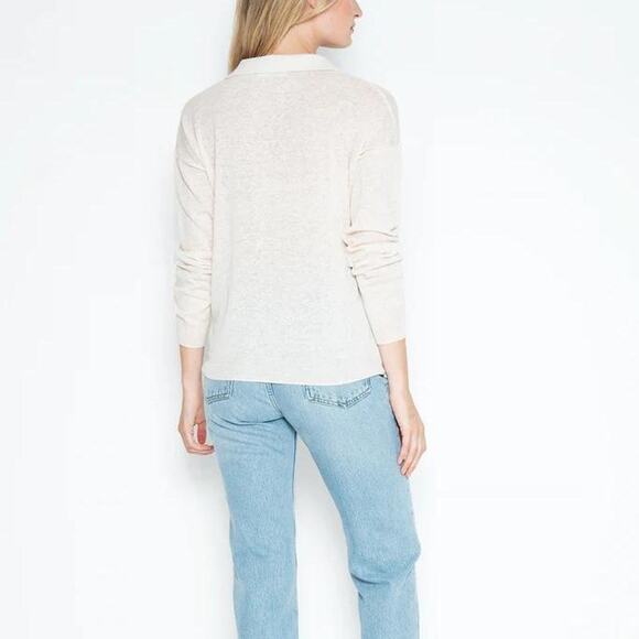 One Grey Day White Polo Pullover Sweater Knit Linen Long Sleeve Cotton Sz Small - Picture 3 of 6